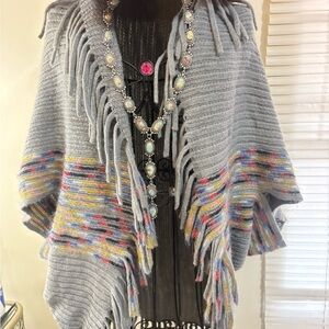 SHEIN Gray Multicolor Fringed boho Poncho